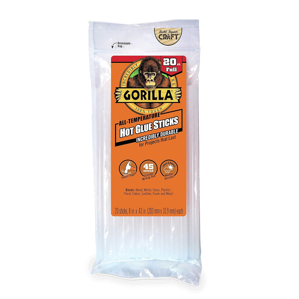 Gorilla Hot Glue Sticks, Clear Glue, Full Size 8" Long x 0.43" Diameter, 20 Count (Pack of 1)