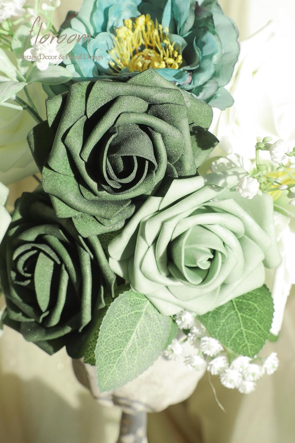 Floroom Artificial Flowers 25pcs Real Looking Sage Green & Emerald Green Foam Fake Roses with Stems