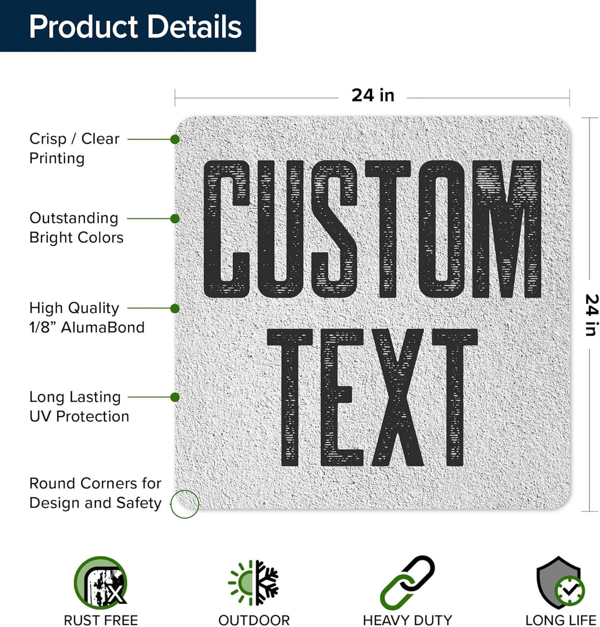 Custom Sign, Custom Street Sign, 11 Font Colors, 13 Font Styles, 4 Hole Options, 22 Sizes, 24x24