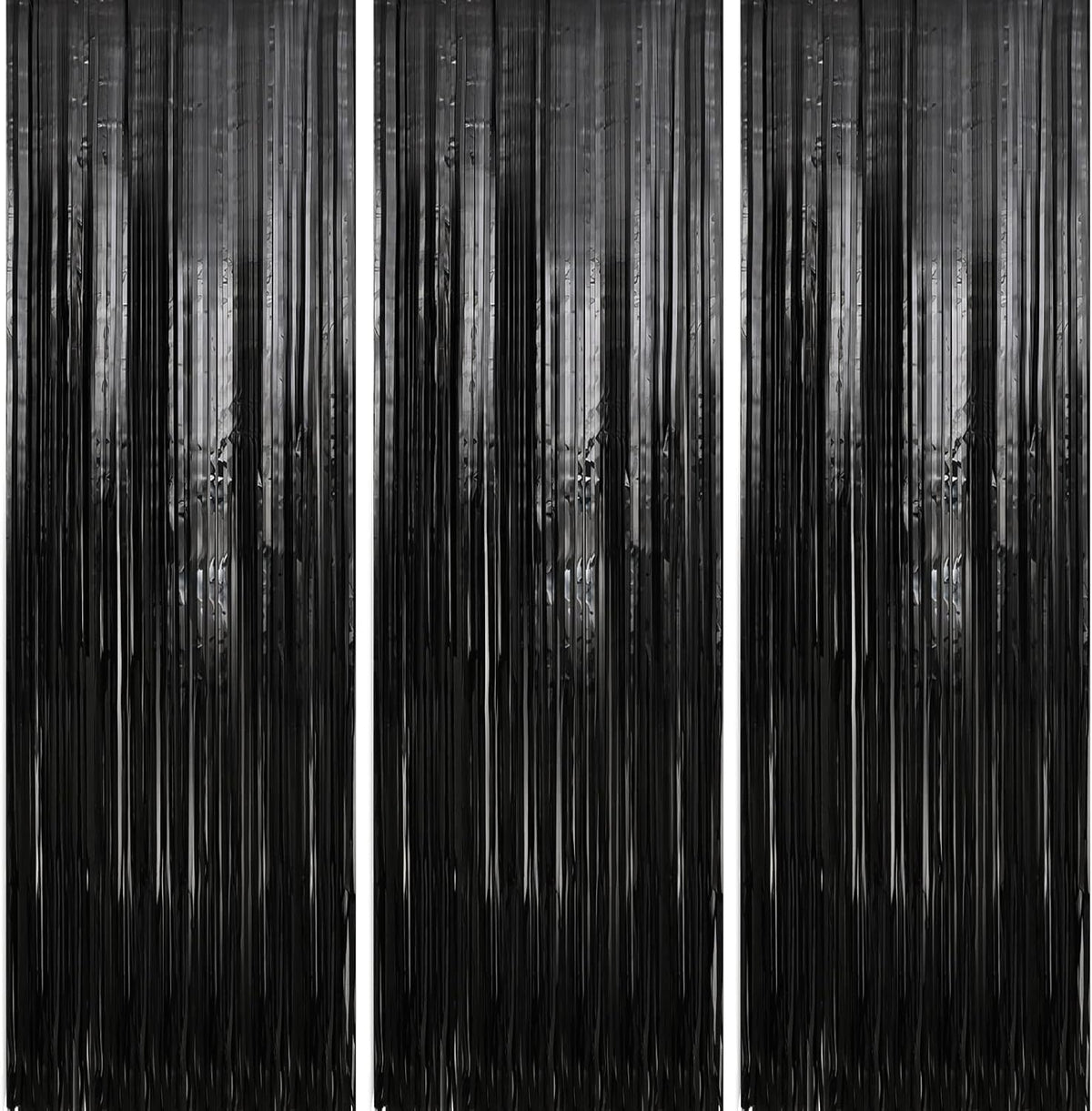 Crosize 7 Pack 3.3 x 9.9 ft Black Foil Fringe Backdrop Curtain, Streamer Backdrop Curtains