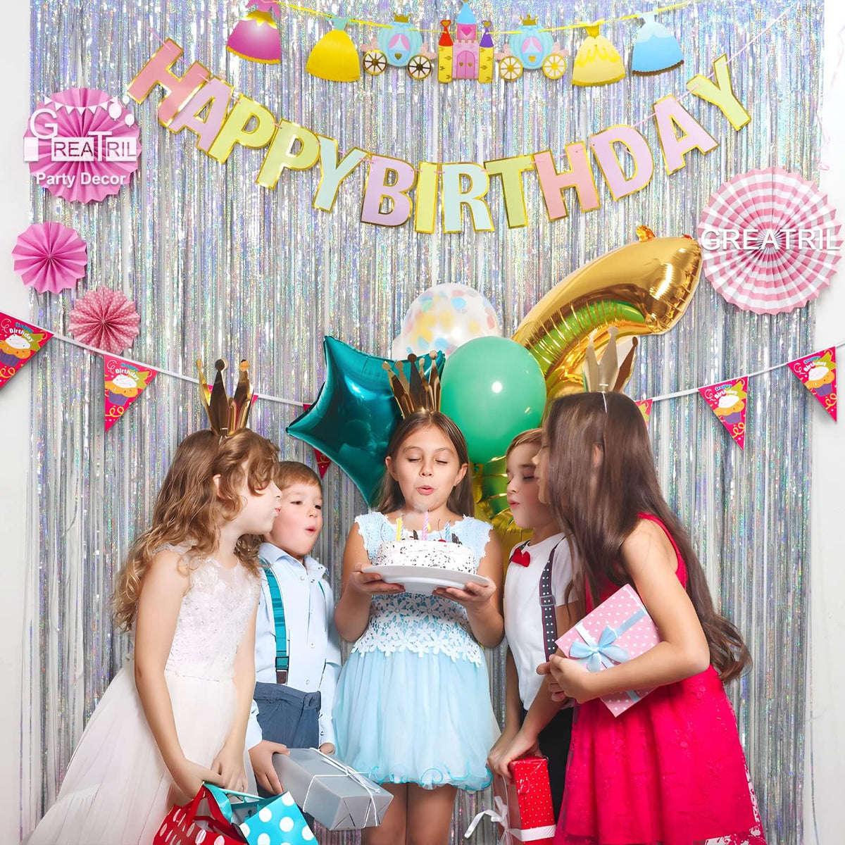 Silver Foil Fringe Tinsel Backdrop - GREATRIL Metallic Tinsel Streamers Curtains for 2026
