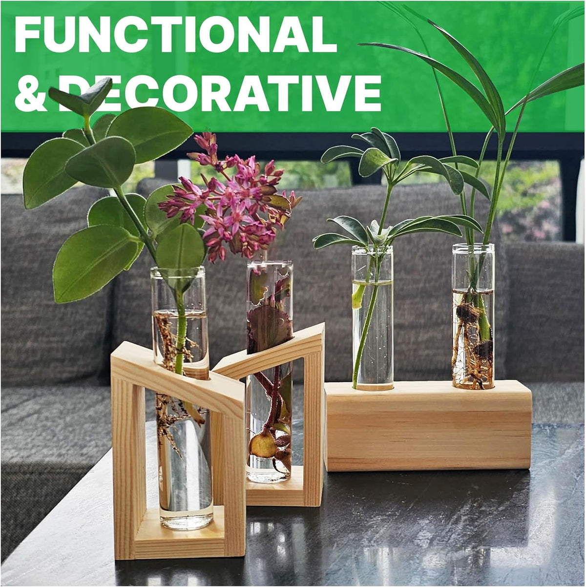 Plant Propagation Station - 3-Piece Wooden Stand with 4 Glass Test Tubes, Terrarium Vases for