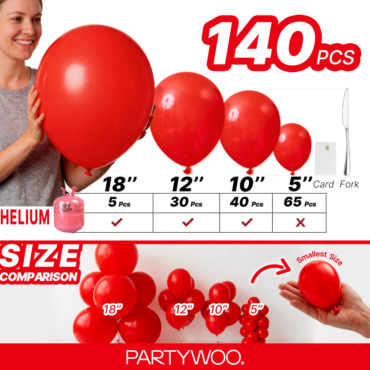 PartyWoo Red Balloons 140pcs Different Sizes of 18 12 10 5 Inch