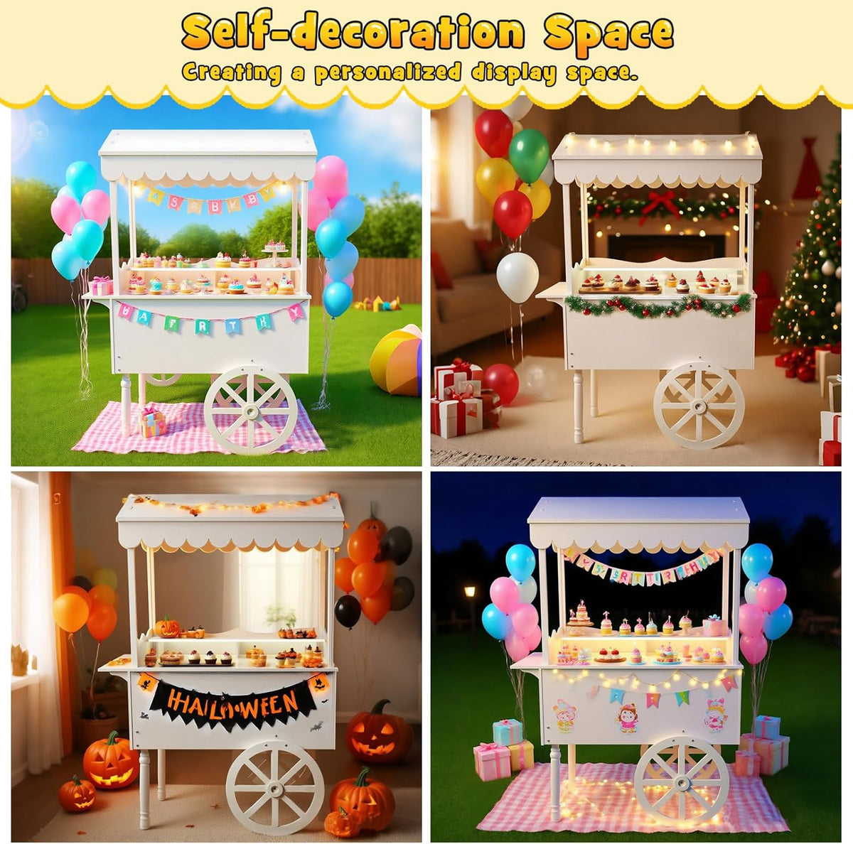 7FT Candy Cart Display Stand with Decorated Wheels, Dessert and Party Decoration Cart with 100