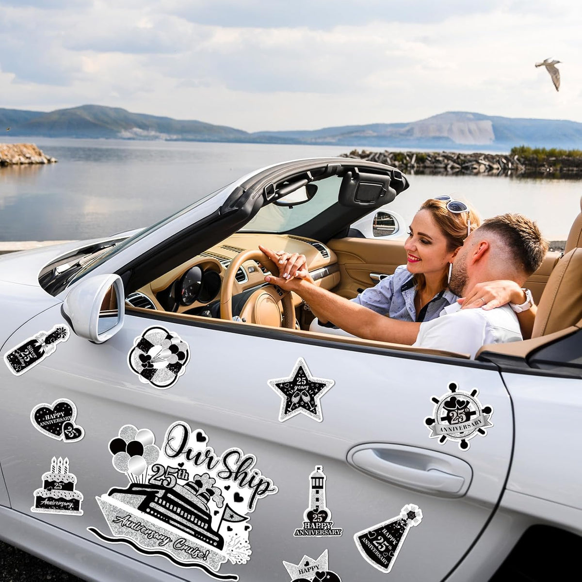 25th Anniversary Cruise Door Magnets Decorations, Black Silver Happy 25th Anniversary Cruise Ship