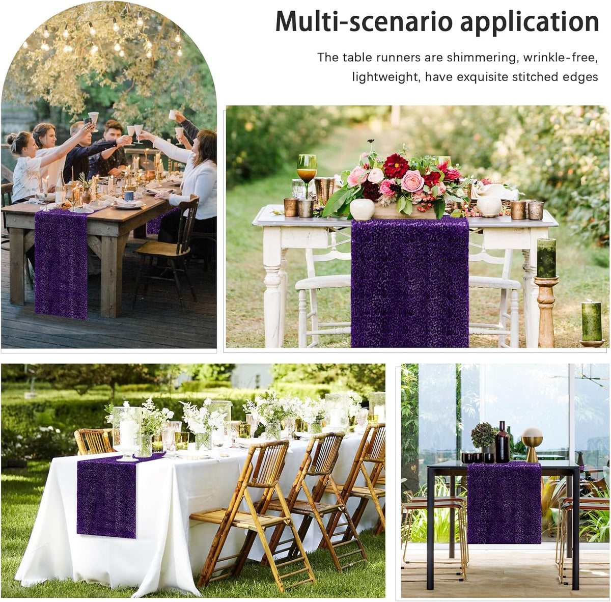 10 Packs 12 x 72 inches Sequin Table Runner, Purple Glitter Table Runner for Birthday Party