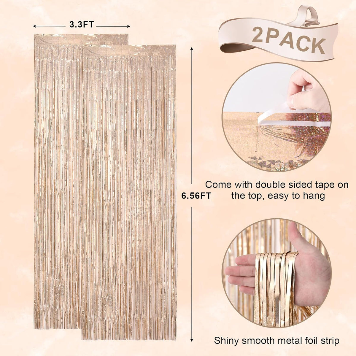 2 Pack Champagne Gold Tinsel Foil Fringe Curtains, Champagne Party Decorations, Metallic Tinsel