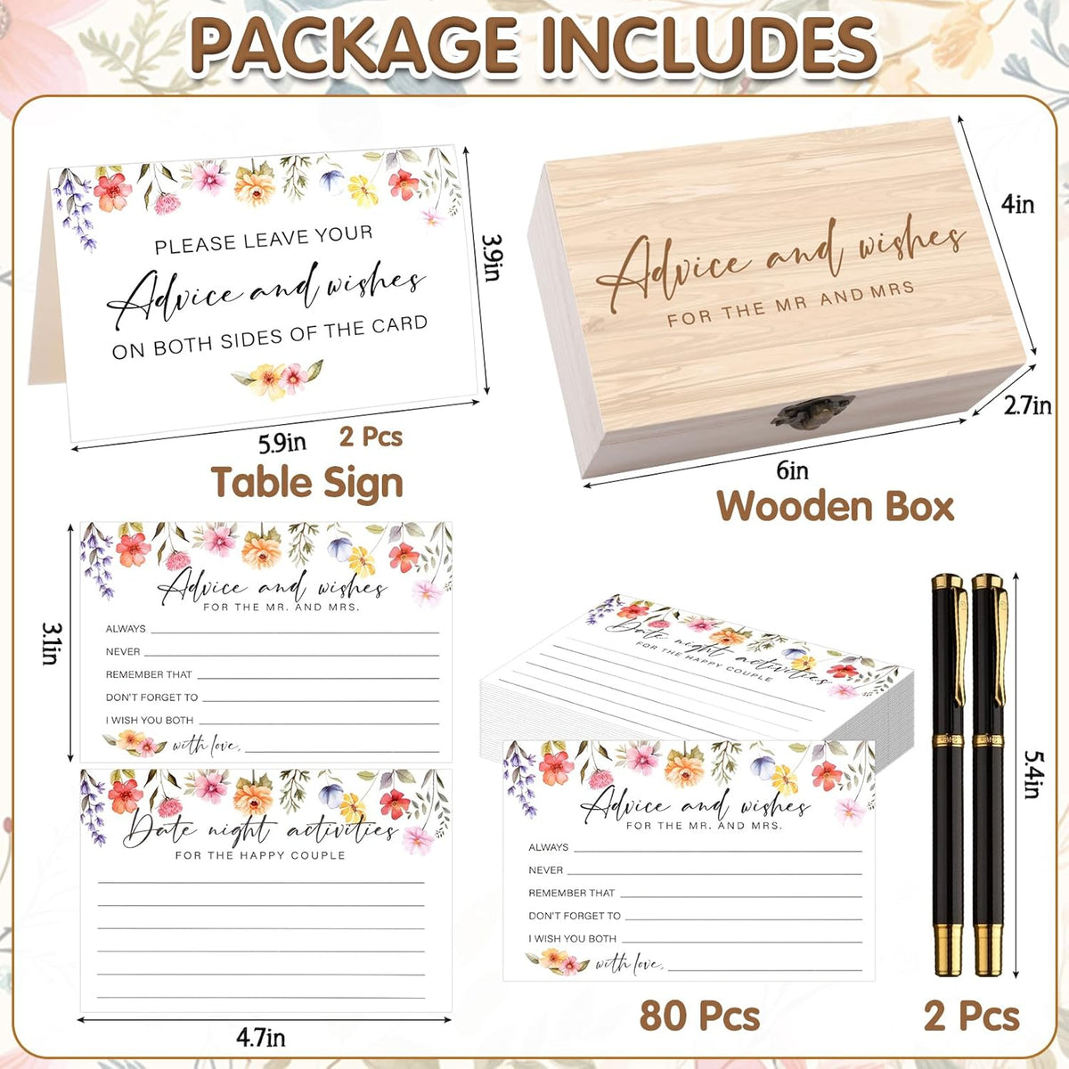 85 Pcs Advice and Wishes Cards Wooden Box Set for The Mr and Mrs,Pink Floral Rose Advice and Wishes
