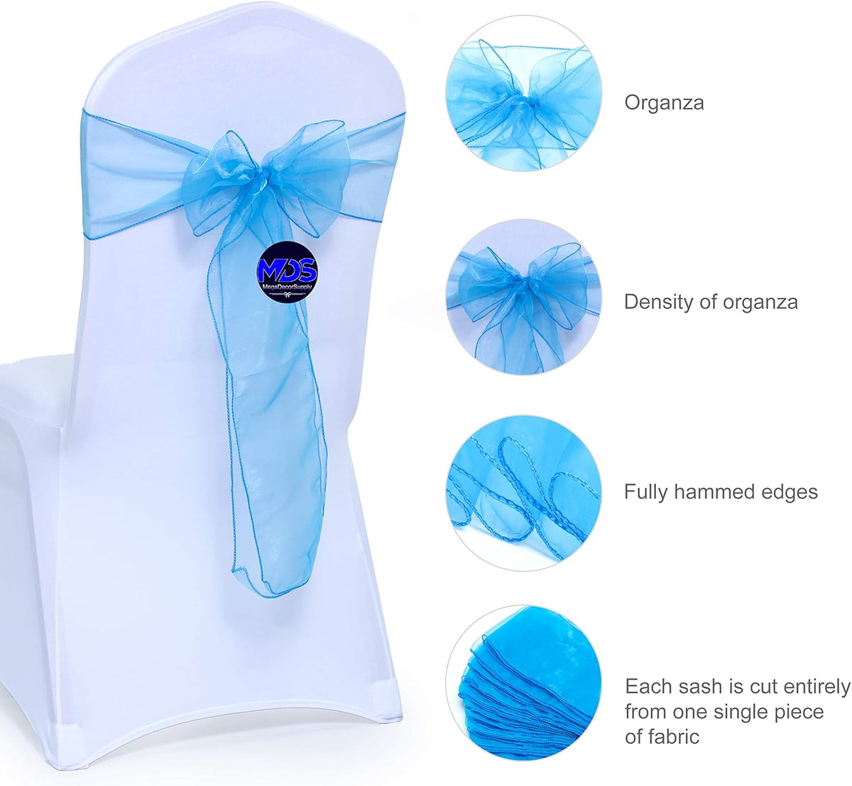 MDS Pack of 75 PCS Organza Chair Sashes Wider Dining Chair Bows Ribbon Tie Back for Wedding Party