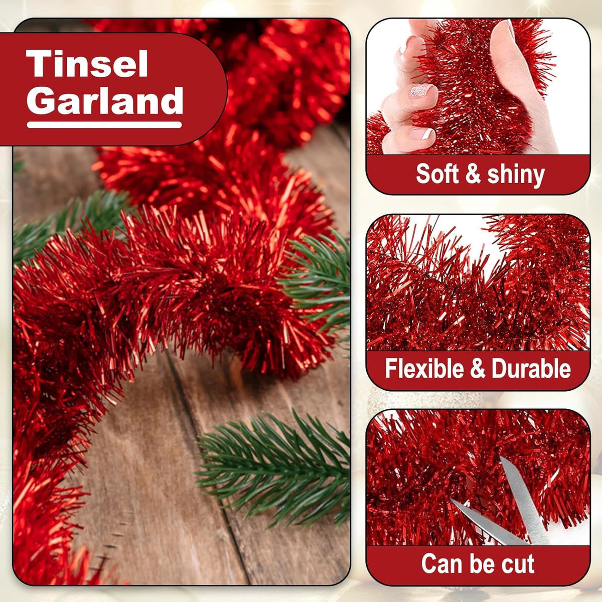 25 Feet Metallic Twist Tinsel Garland - Wall Hanging Backdrop for Parade Floats, Christmas Eve, New