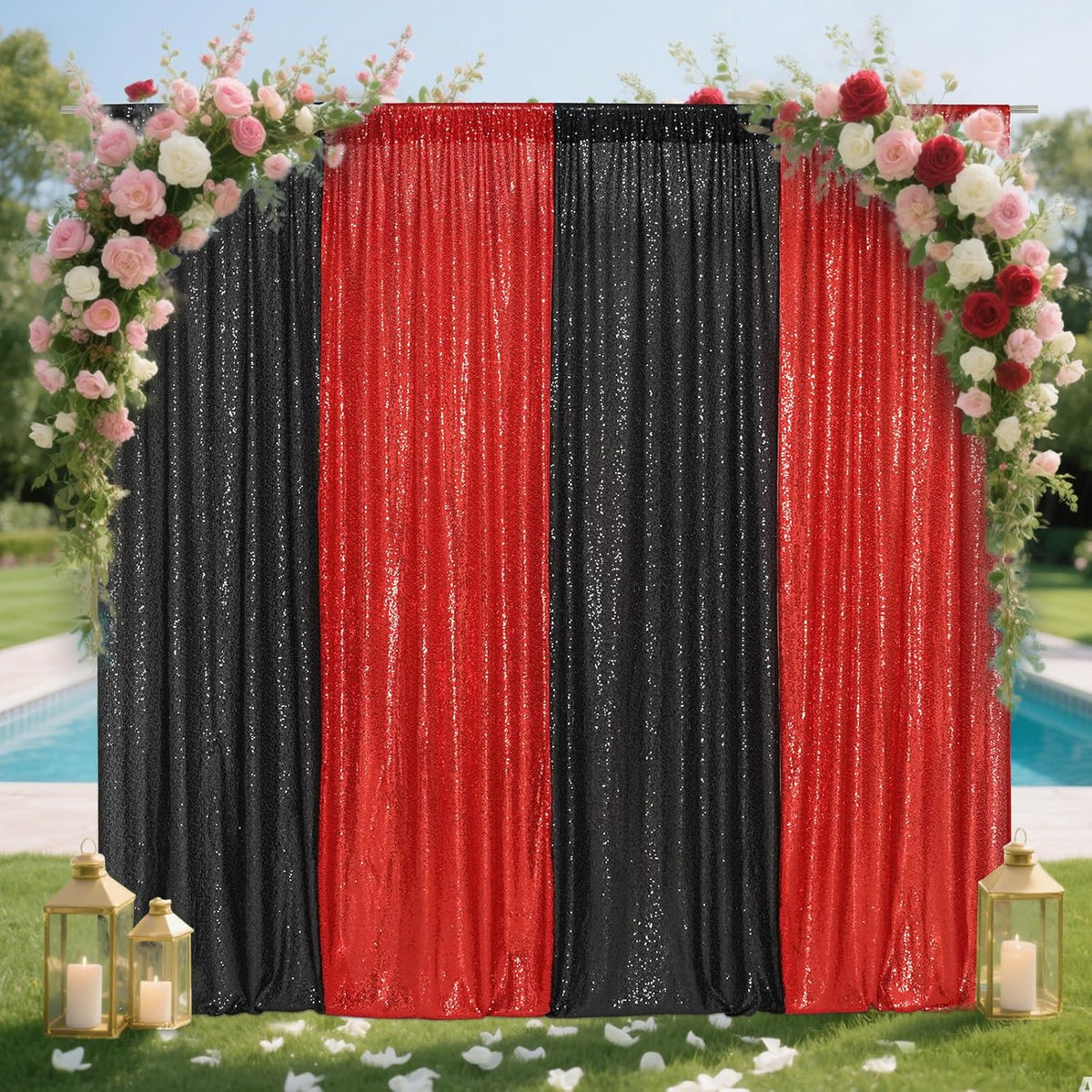 Eternal Beauty Black and Red Backdrop 4 PCS-2x8 Ft Sequin Curtain Panels for Christmas Party