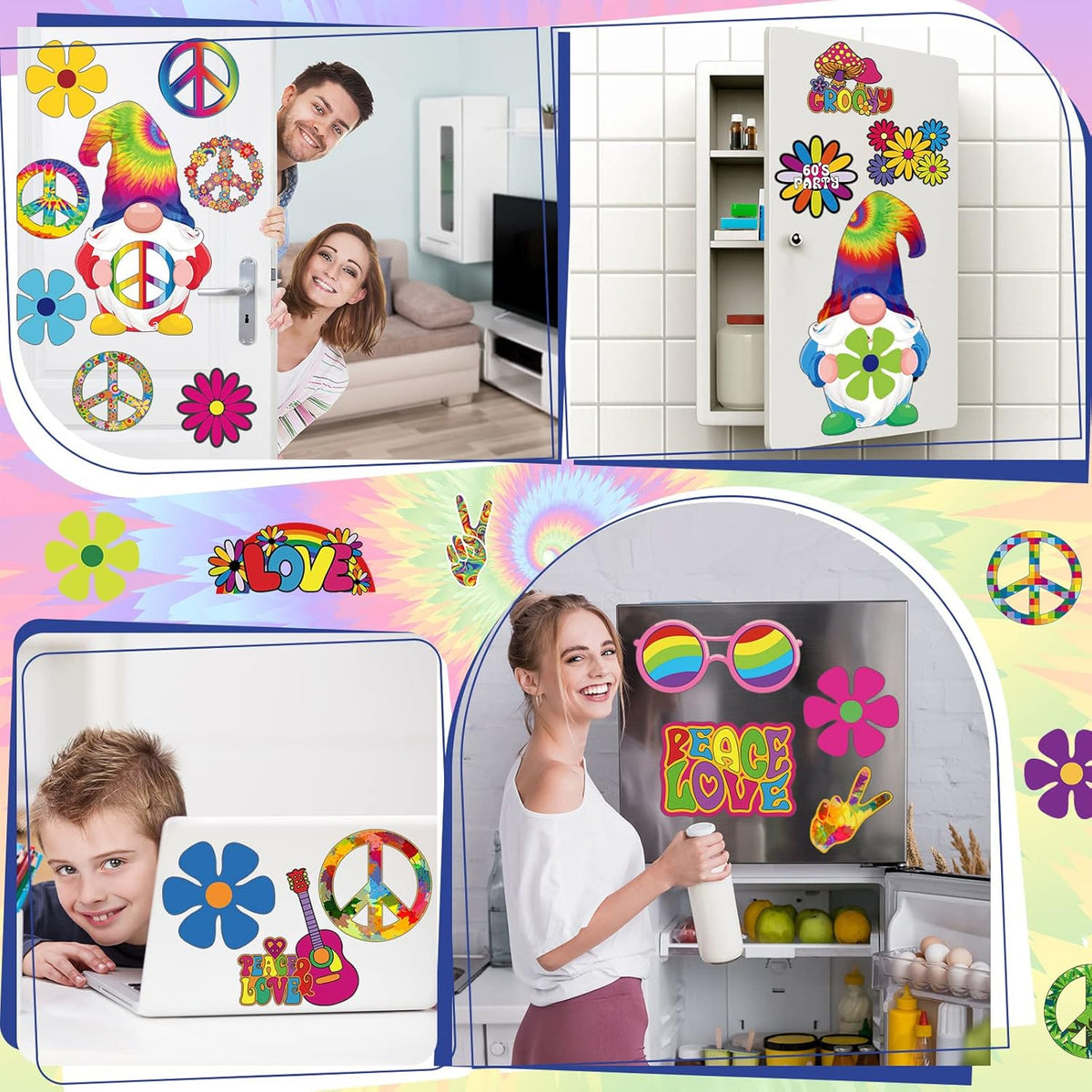 25 Pieces Car Magnet Decorations 60s Hippie Theme Party Magnetic Decals Fridge Magnets Flower Peace