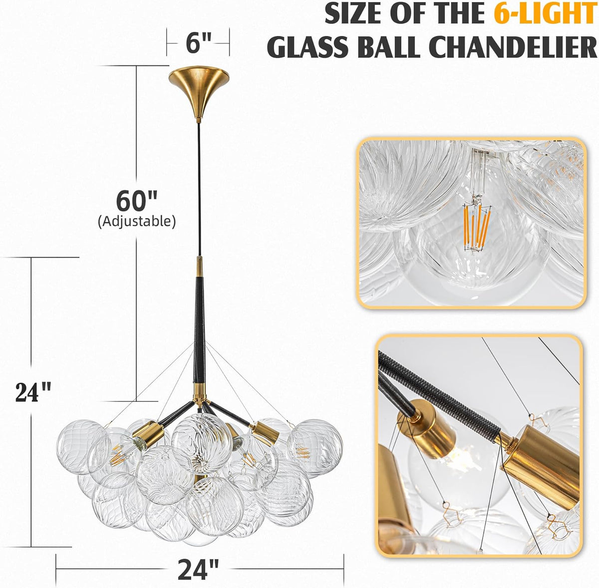 Modern Bubble Ball Swirled Glass Chandelier, Dia 24 inch Black and Clear Globe Blown Glass Small