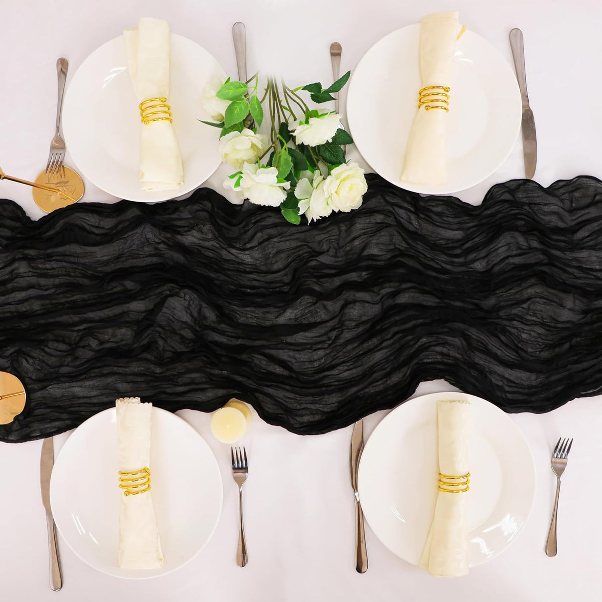 Snowkingdom 6PCS 13 Ft Black Cheesecloth Table Runner, 160 inch Long Cheese Cloth Boho Gauze