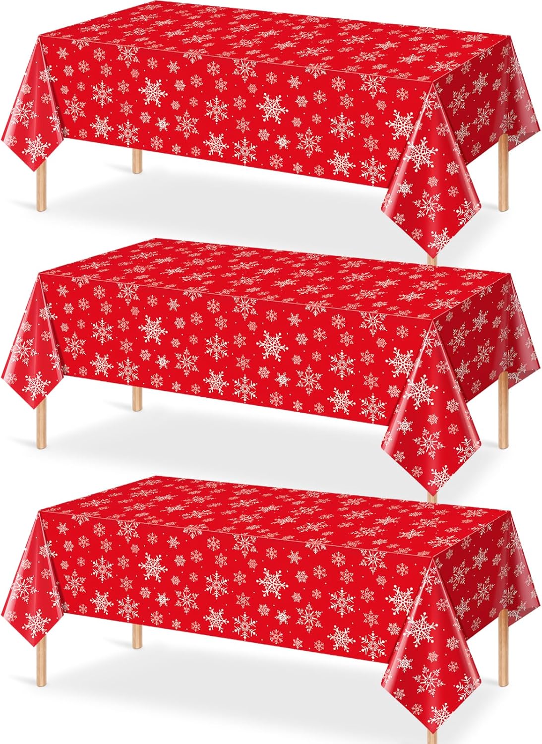 Jectivs 3 Pieces Christmas Snowflake Plastic Party Tablecloth Decorations,White Snowflake Red Xmas