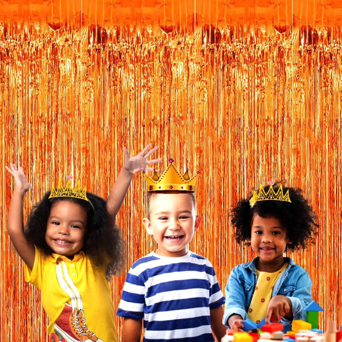 4 Pack Orange Foil Fringe Curtain Backdrop, 3.28Ft x 9.84Ft Metallic Tinsel Foil Fringe Streamers