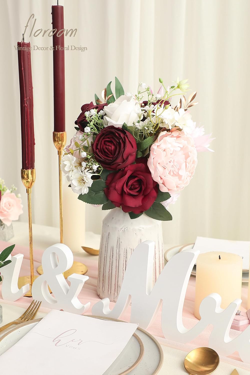 Floroom Blush Burgundy Artificial Flowers Dark Red Fake Roses Peonies Dahlia and Greenery Combo Box