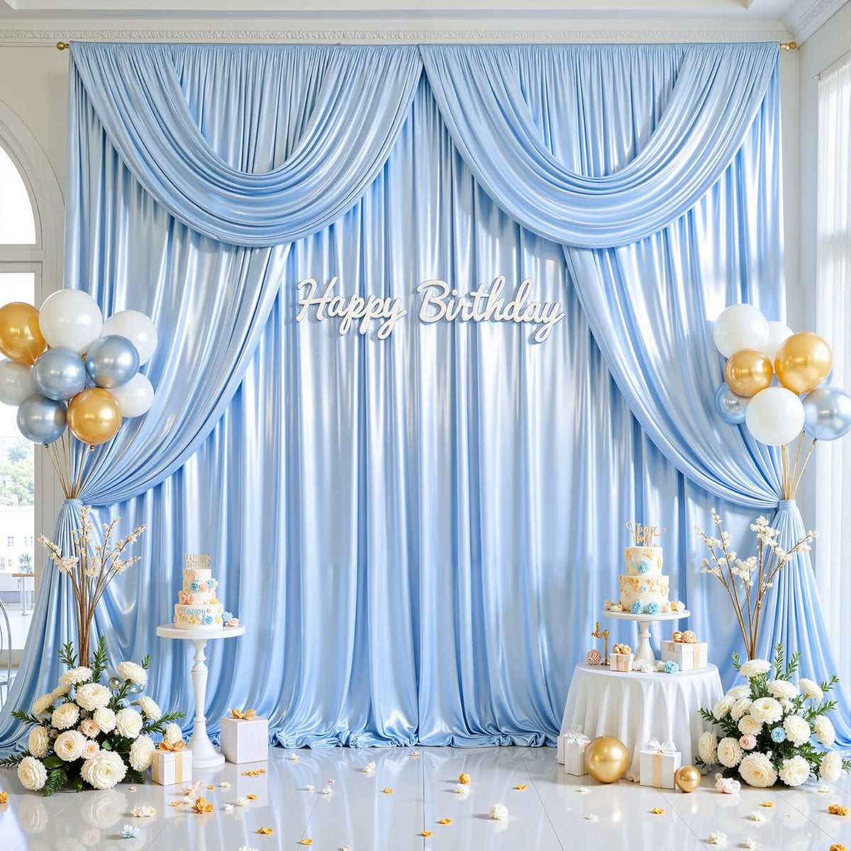 Blue Satin Backdrop Curtains 2 Panels - Glitter Photo Drapes for Baby Shower, 10x10FT Shimmer Back