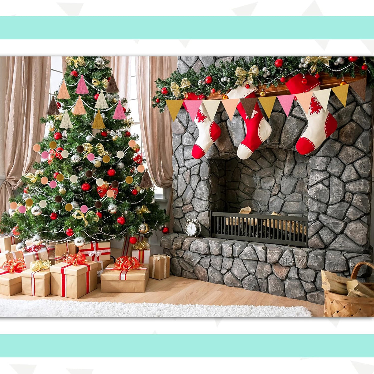 Irenare 9.8 ft Pom Pom Garland Felt Colorful Tassel Banner Christmas Party Pompoms Garland