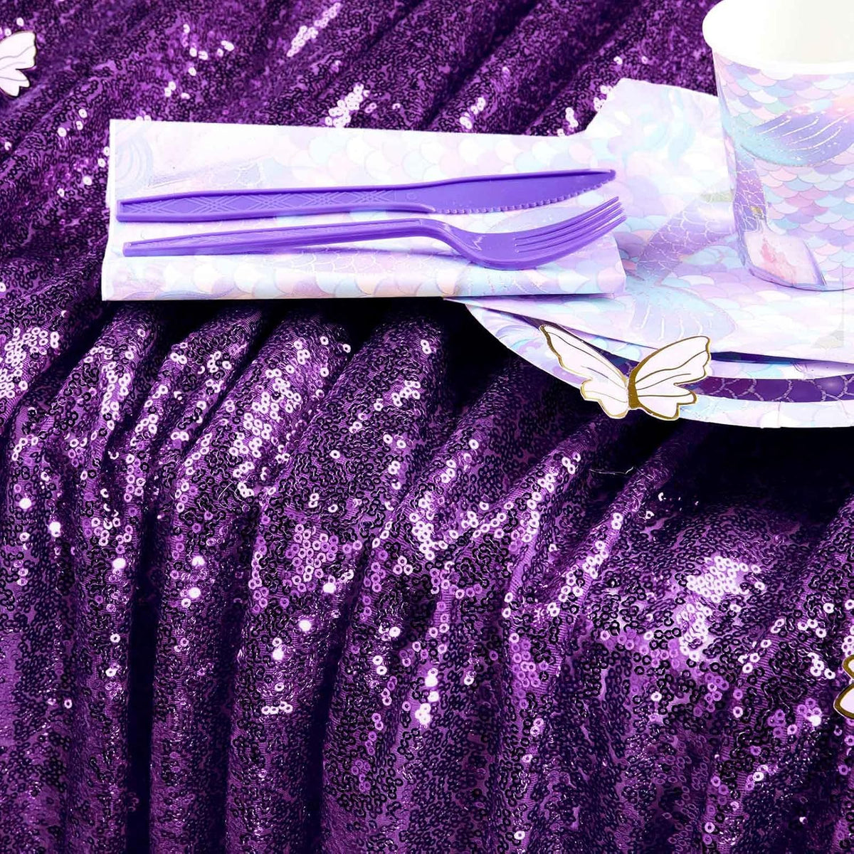 QueenDream Purple Tablecloth Sequin Fabric Table Cloths 90x90 Inch Halloween Party Decorations