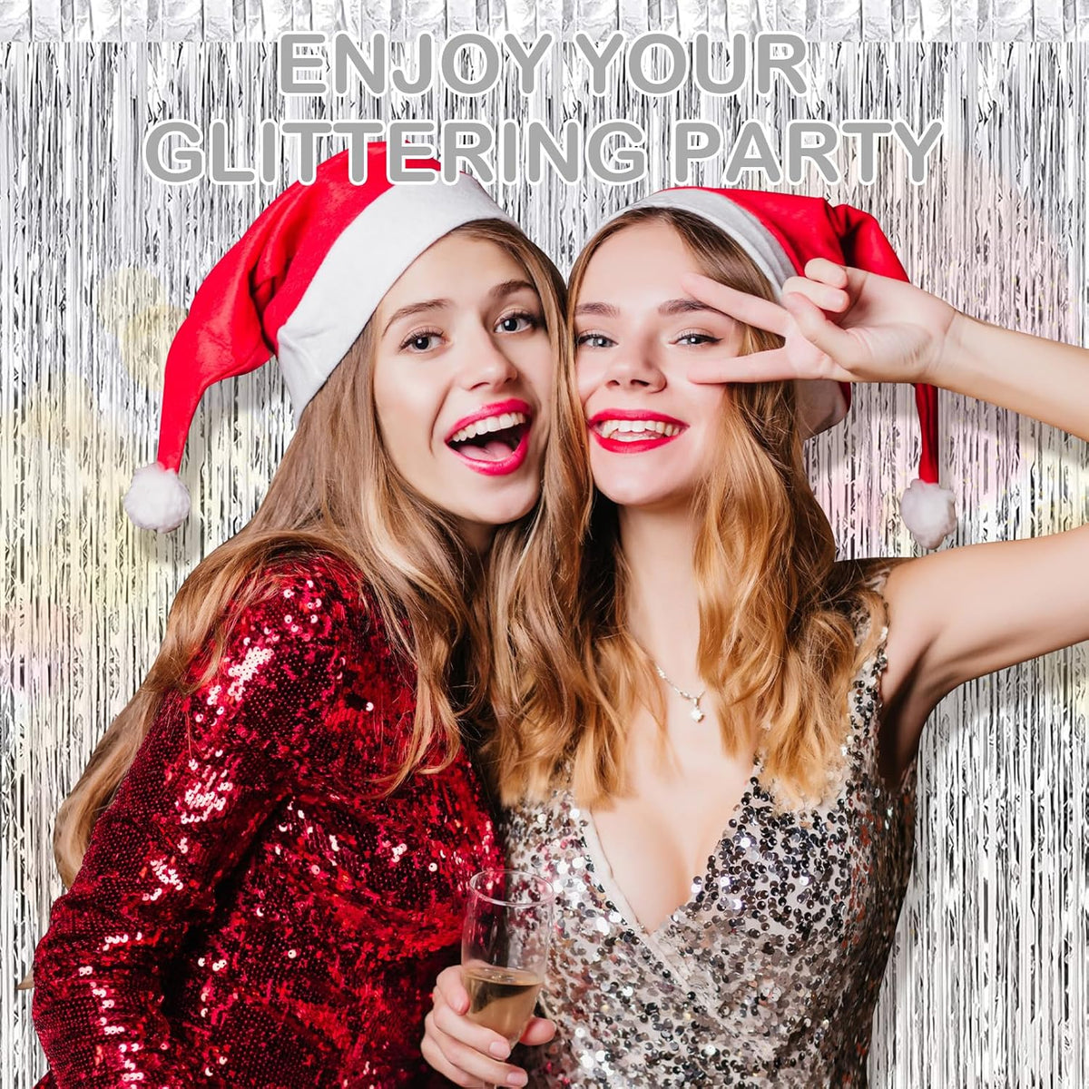30 Pack Silver Foil Fringe Curtain Backdrop, 3.3x8.2 Feet Metallic Tinsel Streamer Curtains Photo