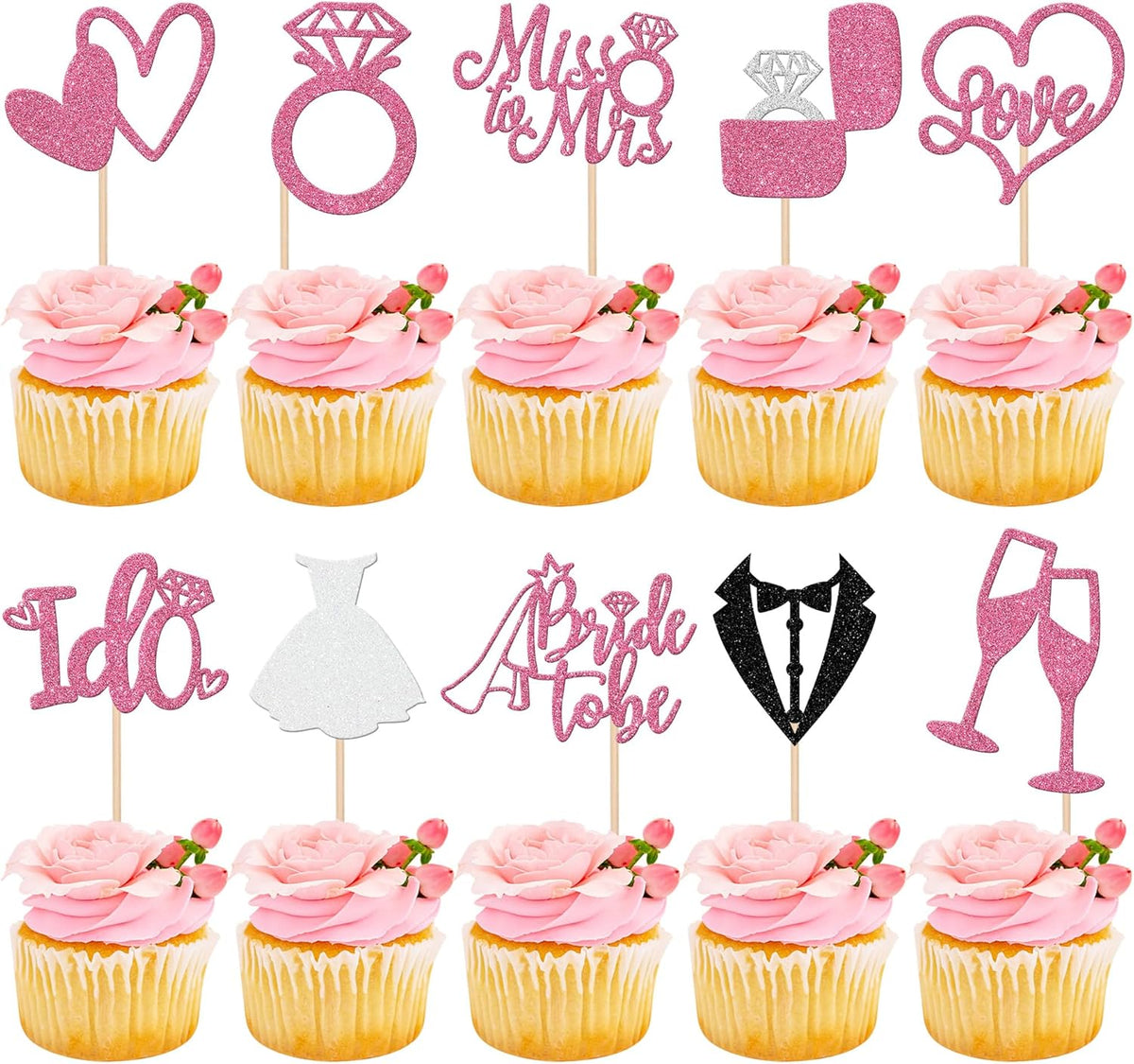 30 PCS Bride to Be Cupcake Toppers Glitter Miss to Mrs I Do Love Heart Ring Cupcake Picks Wedding