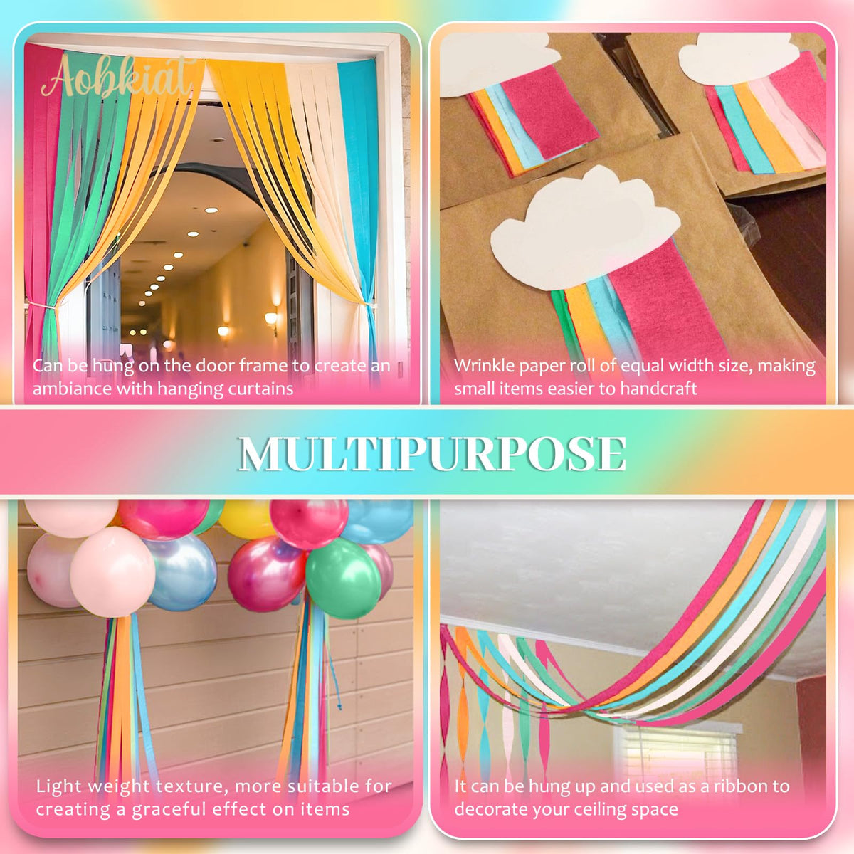 AOBKIAT 5 Rolls Rainbow Streamers Crepe Paper,Candyland Party Decorations