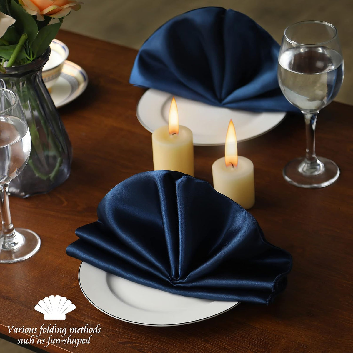 Manyshofu 60 Navy Blue Satin Napkins - 20x20 Inches Square Fabric Napkins Set - Soft & Reusable for