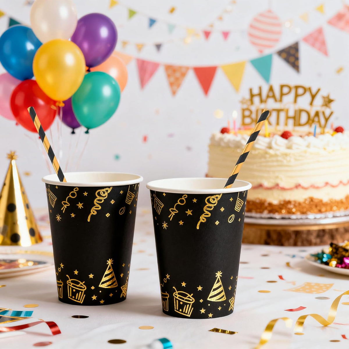 Disposable Paper Drinking Straws - Biodegradable Black Gold Striped Straws for Graduation