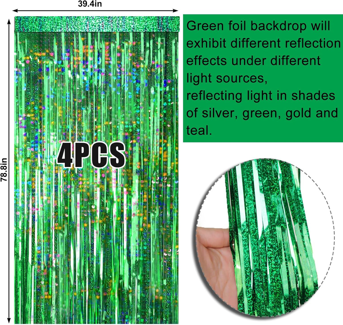 4 Packs Green Foil Fringe Curtain, Green Glitter Metallic Tinsel Backdrop for Birthday, Wedding