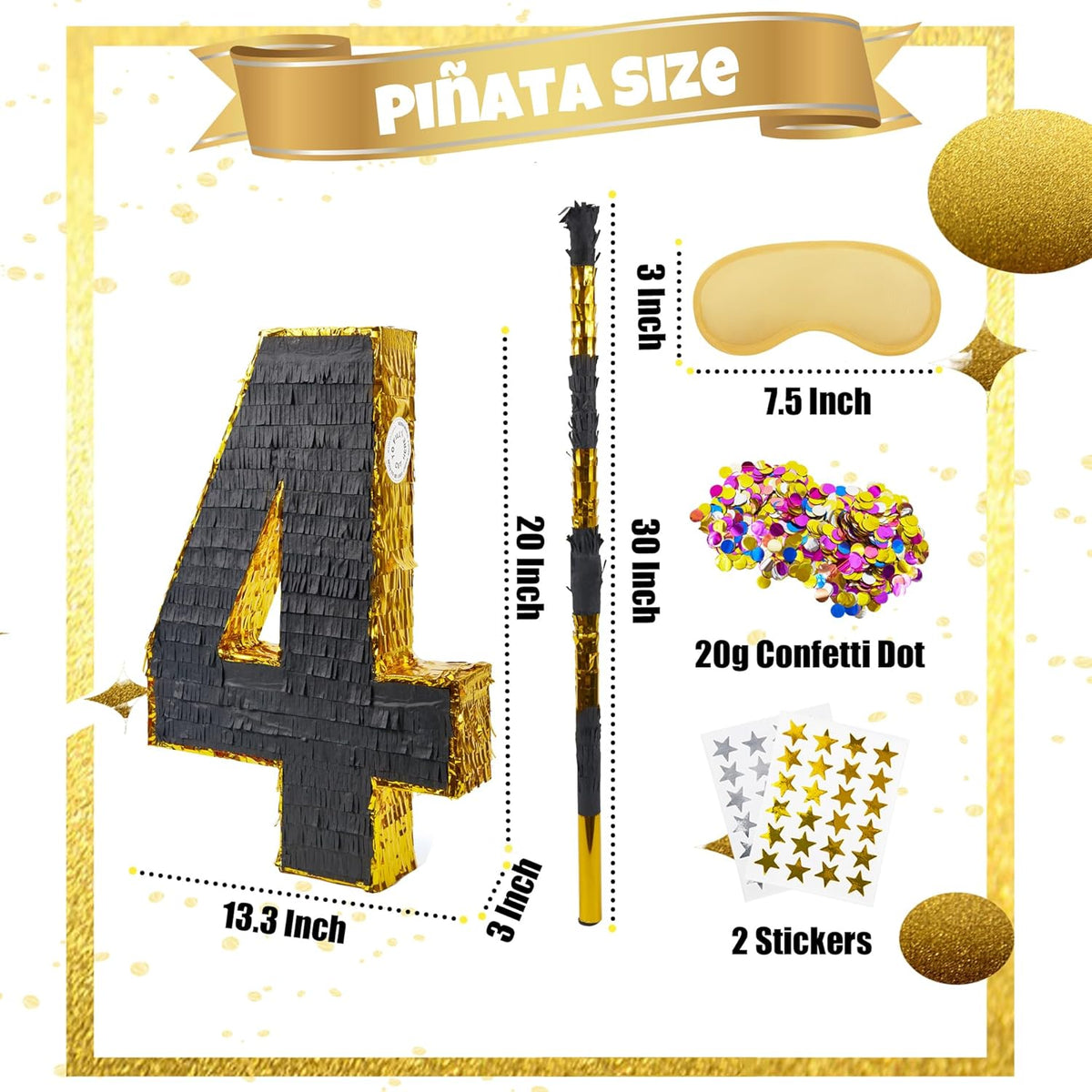 PCFING 20 Inch Number 4 Piñata Gold Black with 30 Inch Piñata Stick Blindfold Confetti for Man