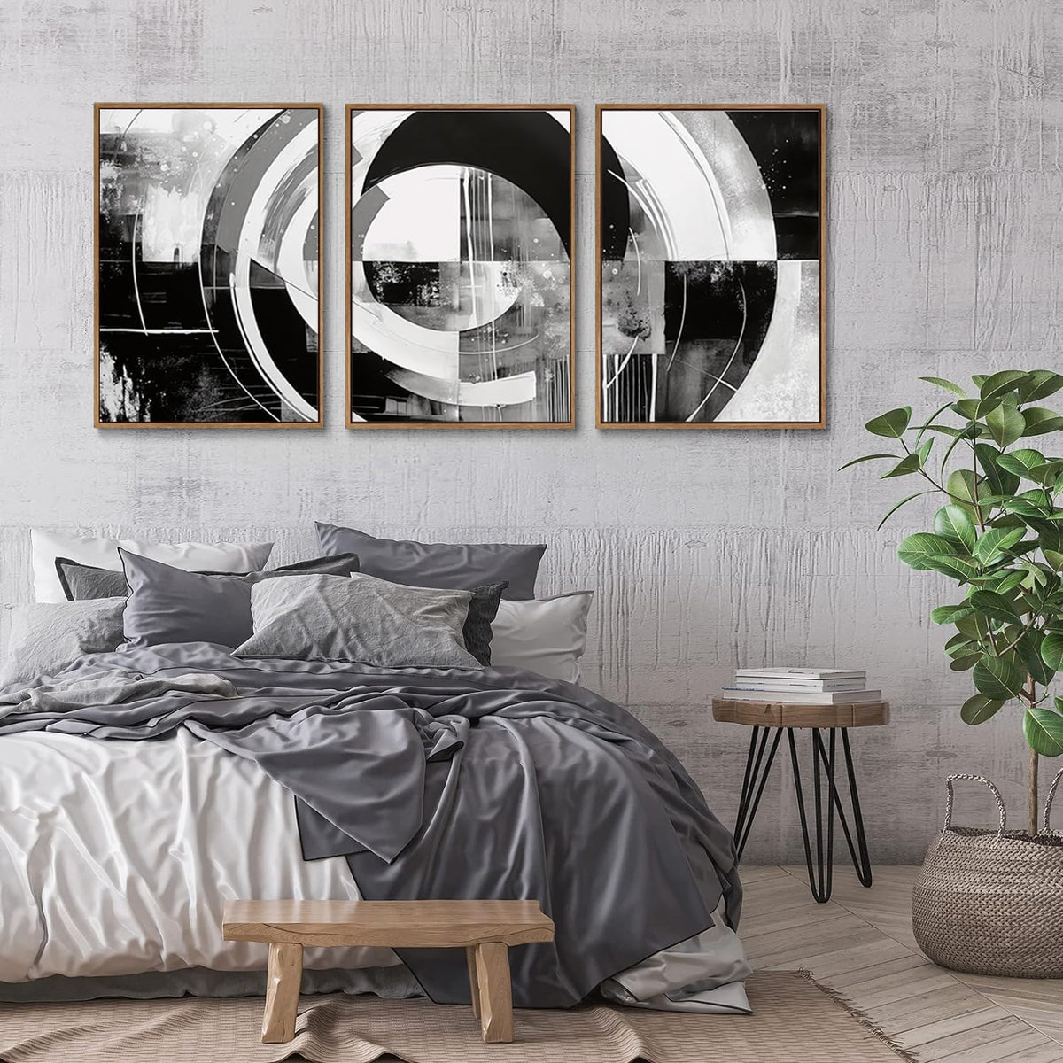 myusuar 3 Piece Large Modern Abstract Canvas Framed Wall Art For Living Room, Black And White Rings