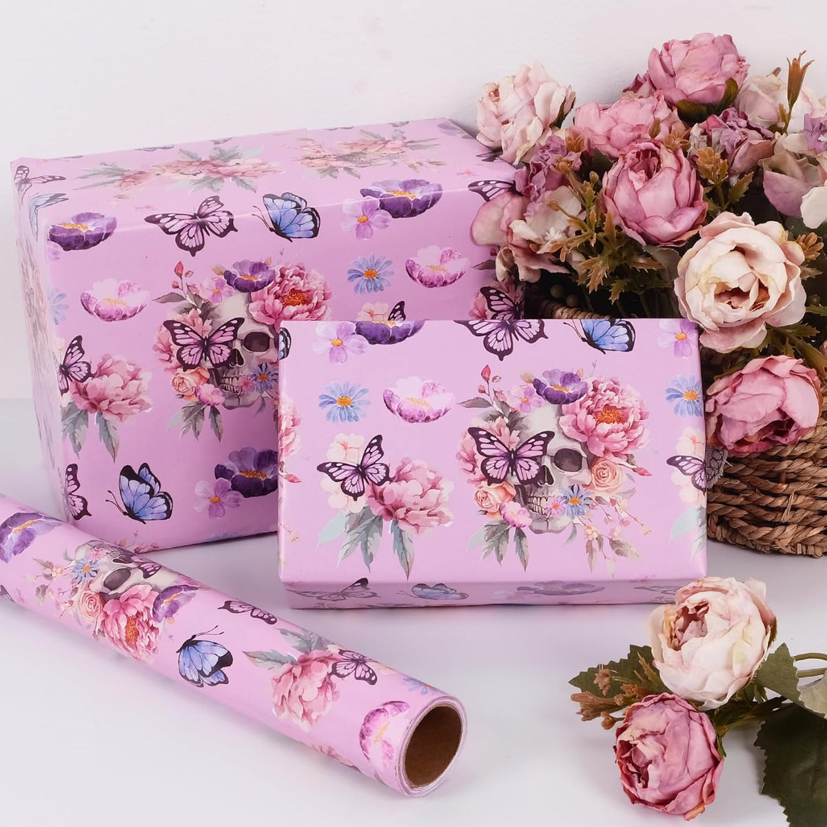 Aimyoo Gothic Wrapping Paper Roll, 17 Inch X 16.5 Feet Skull Floral Butterfly Design Gift Wrap
