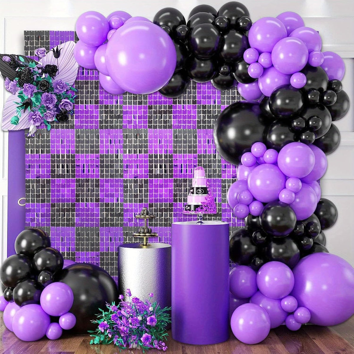 12PCS Black Purple Shimmer Wall Backdrop, Square Sequin Photo Backdrops Panel, Glitter Wall