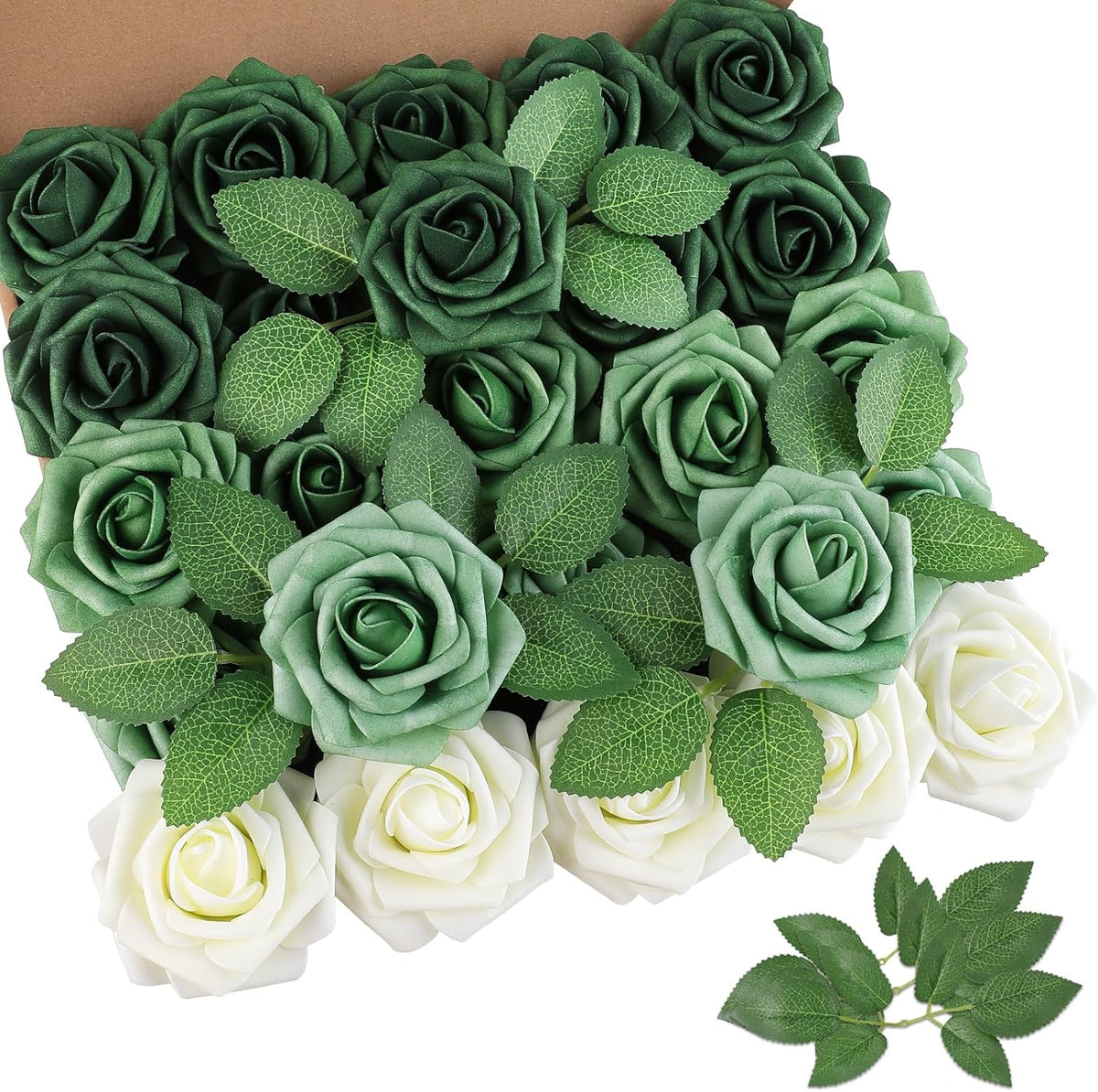 AmyHomie 25pcs Real Looking Artificial Shades of Forest Roses w/Stem for DIY Wedding Bouquets