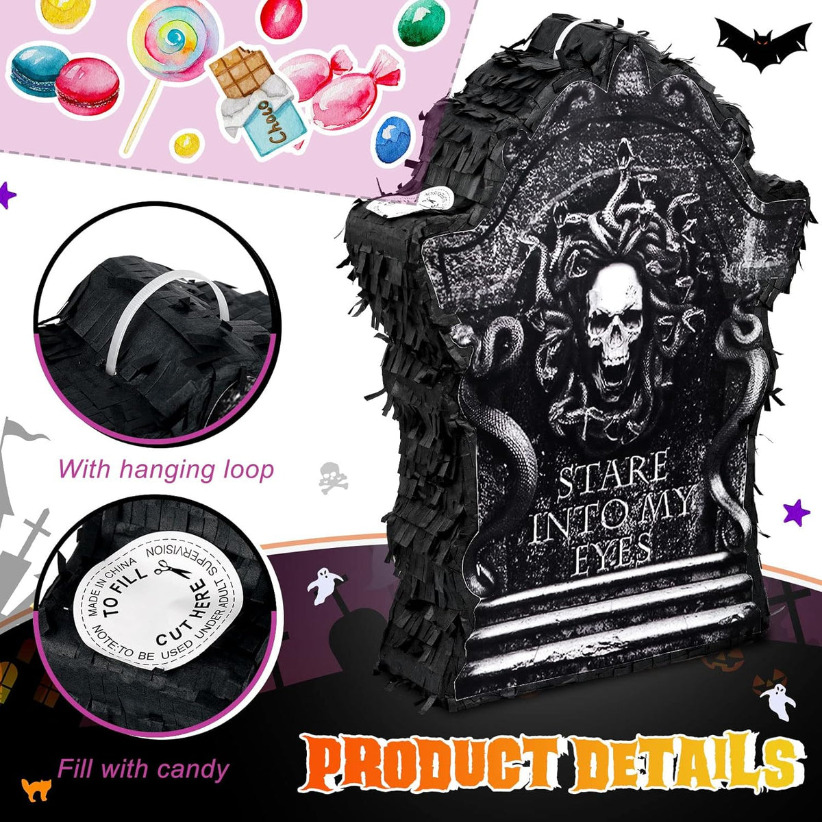 Halloween Tombstone Piñata Halloween Confetti Spooky Ghost Piñata with Stick Paper Eye Mask for