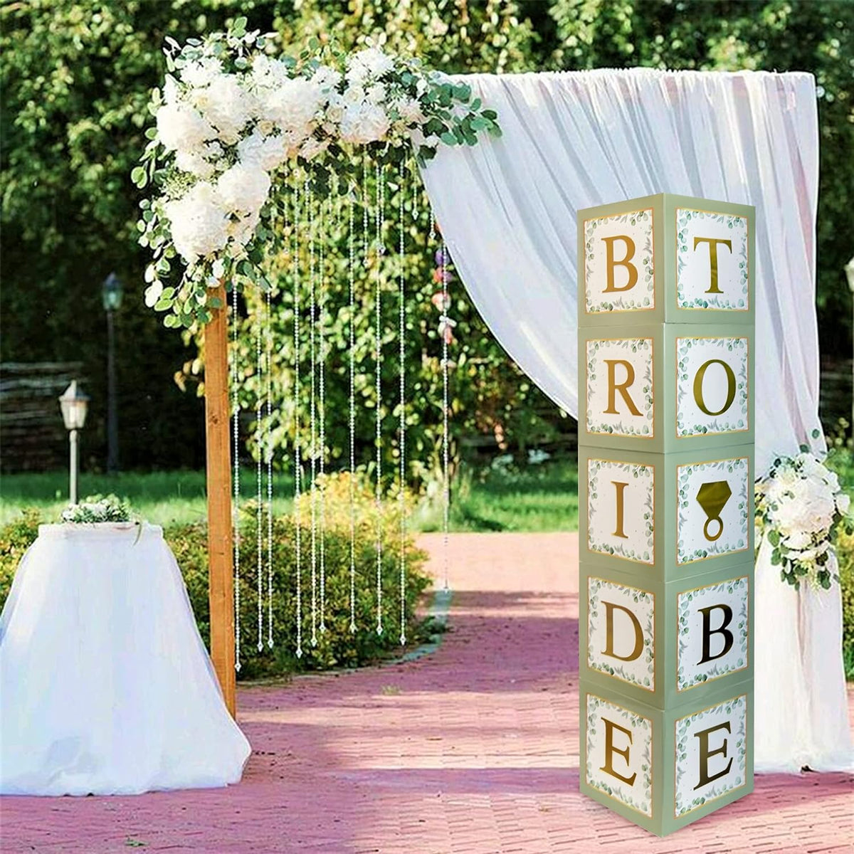 101 PC Greenery Bridal Shower Decorations Balloon Boxes Gold- Blocks with BRIDE TO BE + GROOM + A