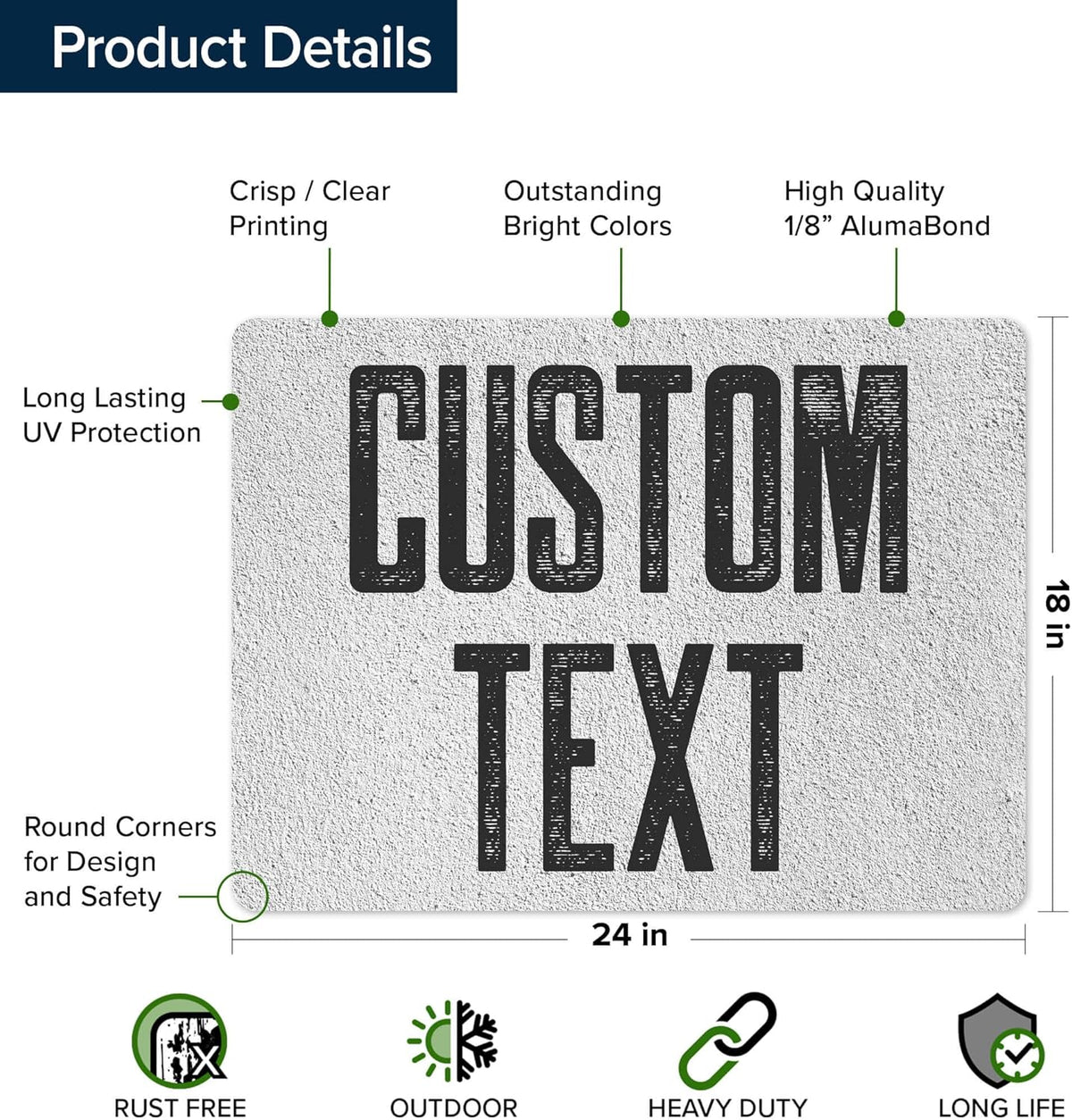 Custom Sign, Custom Street Sign, 11 Font Colors, 13 Font Styles, 4 Hole Options, 22 Sizes, 18x24