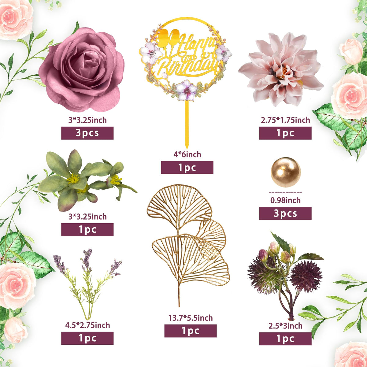 Flower Cake Toppers Happy Birthday Cake Toppers with Artificial Purple Rose Flowers Eucalyptu