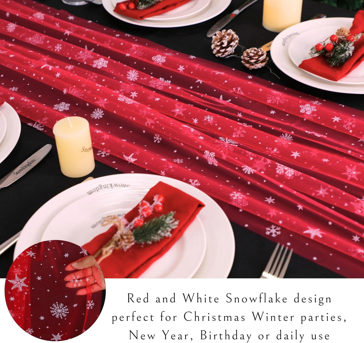 Snowkingdom Red Christmas Table Runner, Red and White Snowflakes Cheesecloth Table Runner, Chiffon