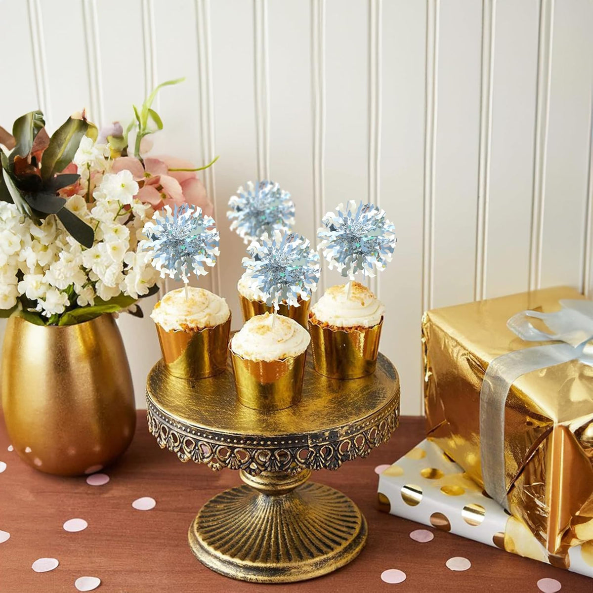 Ephlyn 30Pcs Foil Firework Cupcake Toppers Happy Birthday Cake Toppers Tinsel Flower Drink Stirrers