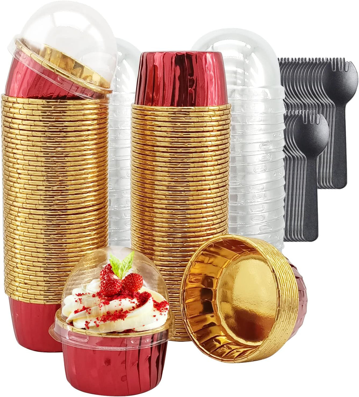 Foil Cupcake Liners with Dome Lids 100Pack,Free-Air 3.5Oz Cups for Baking,Disposable Ramekins