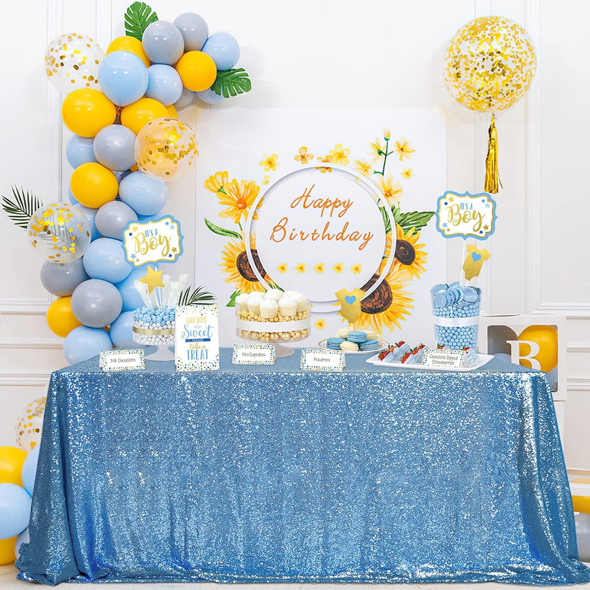 QueenDream Baby Blue Sequin Tablecloth 90x156 Inch Glitter Table Cloth for Baby Shower Birthday
