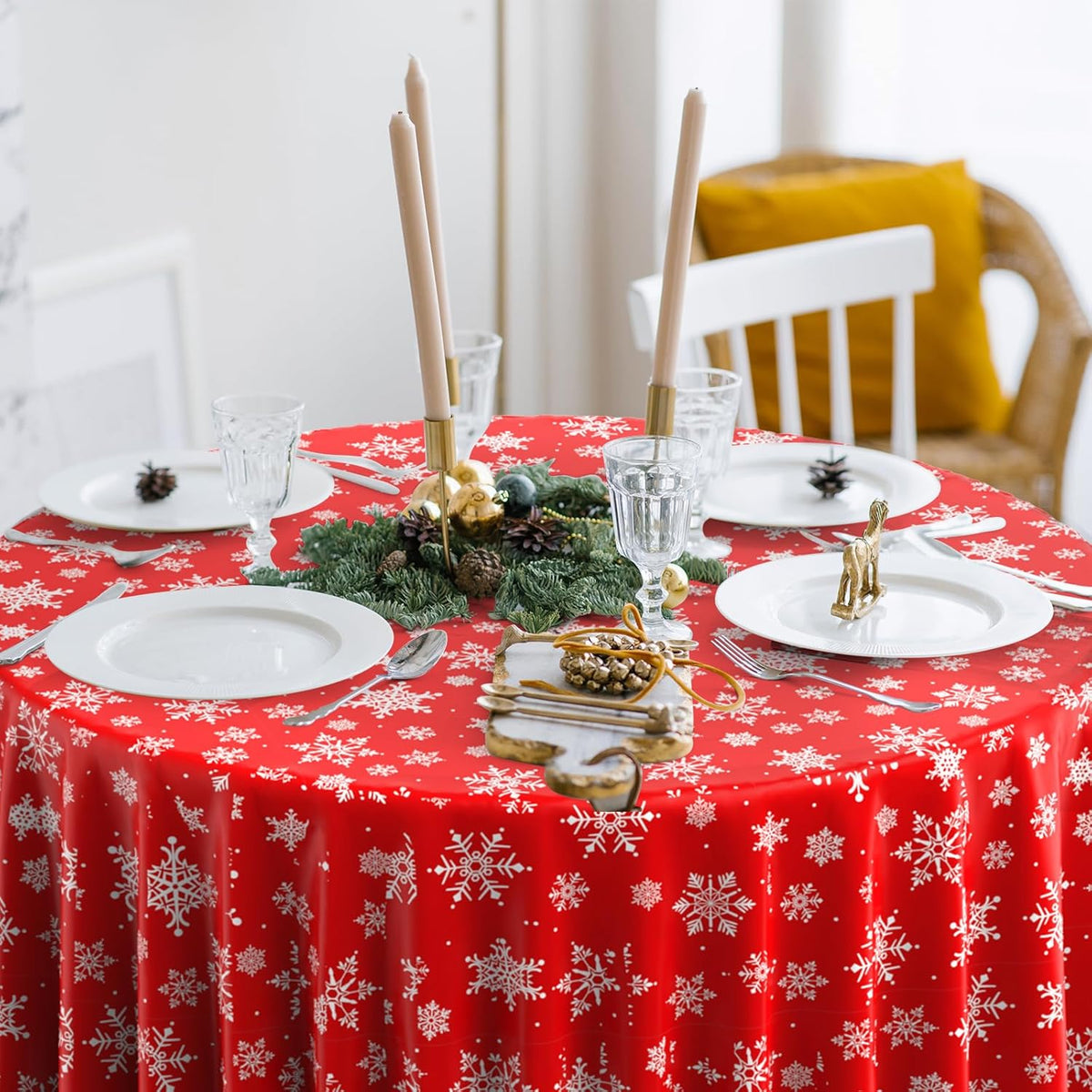 3 Pieces Christmas Snowflake Plastic Party Tablecloth Decorations, Disposable White Snowflake Red