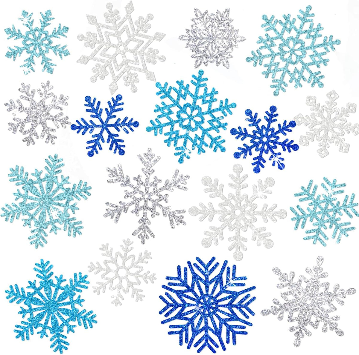Winter Snowflake Cutouts - Glitter Paper Snowflake Decorations - 100Pcs Blue & Silver Double-Side
