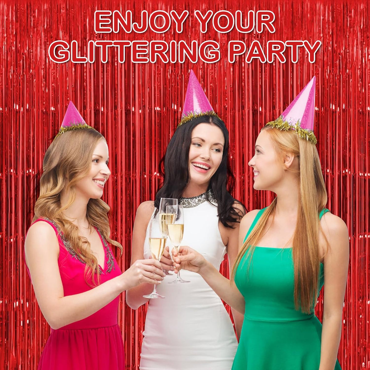 Red Fringe Curtain Party Streamers, 12 Pack 3.3ft x 8.2 ft Foil Curtain Backdrop Tinsel Foil Fringe