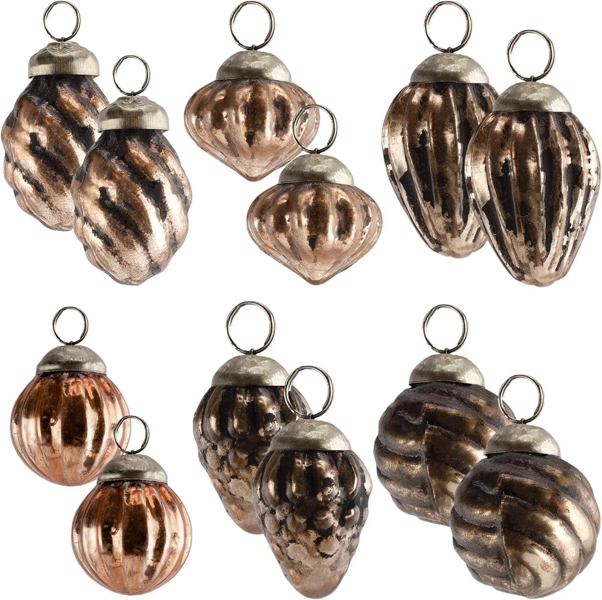 AuldHome Mercury Glass Finial Ornaments (Set of 12, Copper, Small); Distressed Metal Antique Style