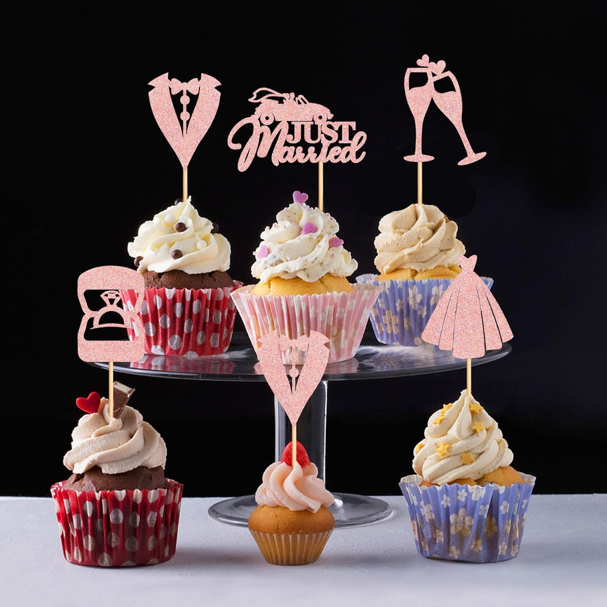 25 Pcs Bride and Groom Cupcake Toppers Wedding Dress Diamond Ring Cupcake Picks Bridal Shower