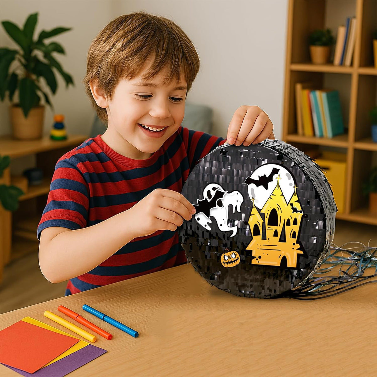 WERNNSAI Black Round Pinata for DIY - Halloween Black Moon Pinata for Kids DIY Birthday Party Disco