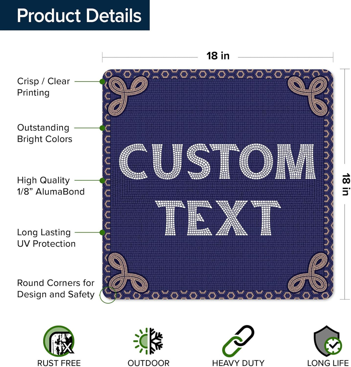 Custom Sign, Custom Street Sign, 11 Font Colors, 13 Font Styles, 4 Hole Options, 22 Sizes, 18x18